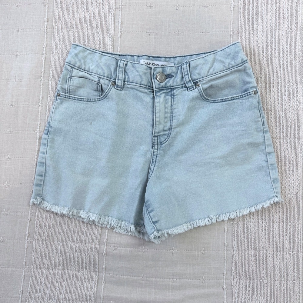 Calvin Klein Jeans Mid Rise Boyfriend Shorts Girl 10 Light Blue Frayed Hem